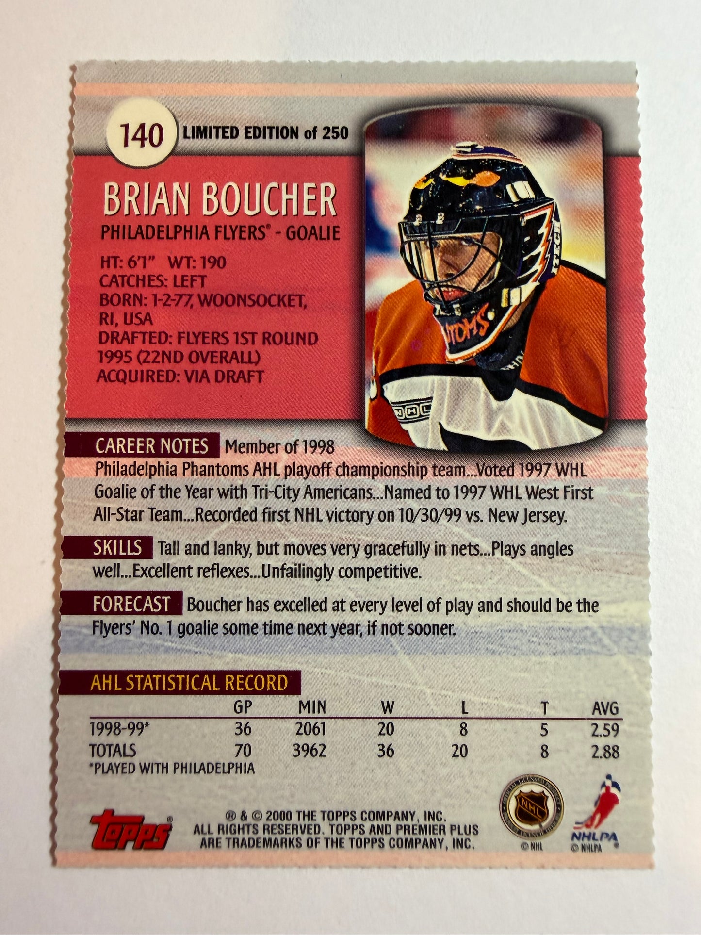 BRIAN BOUCHER - 1999 Topps Premier Plus Limited Edition #140, /250