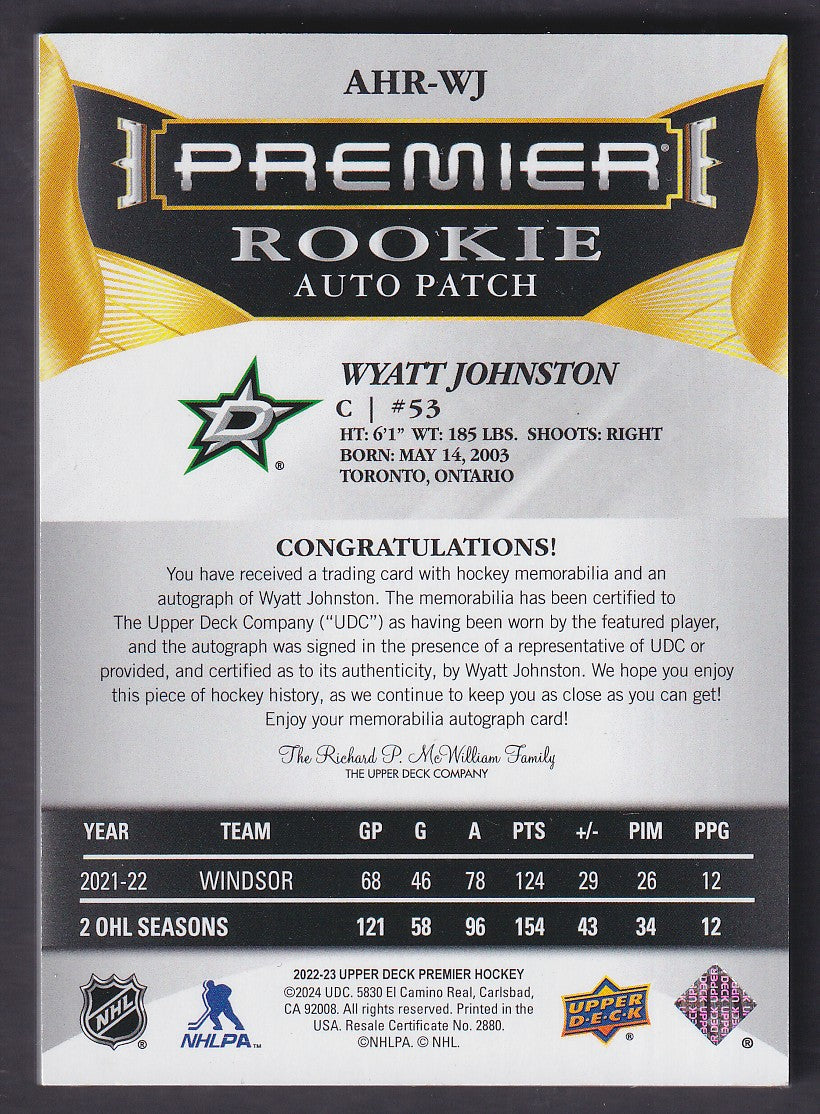WYATT JOHNSTON - 2022 Upper Deck Premier Rookie Auto Patch #AHR-WJ, /99