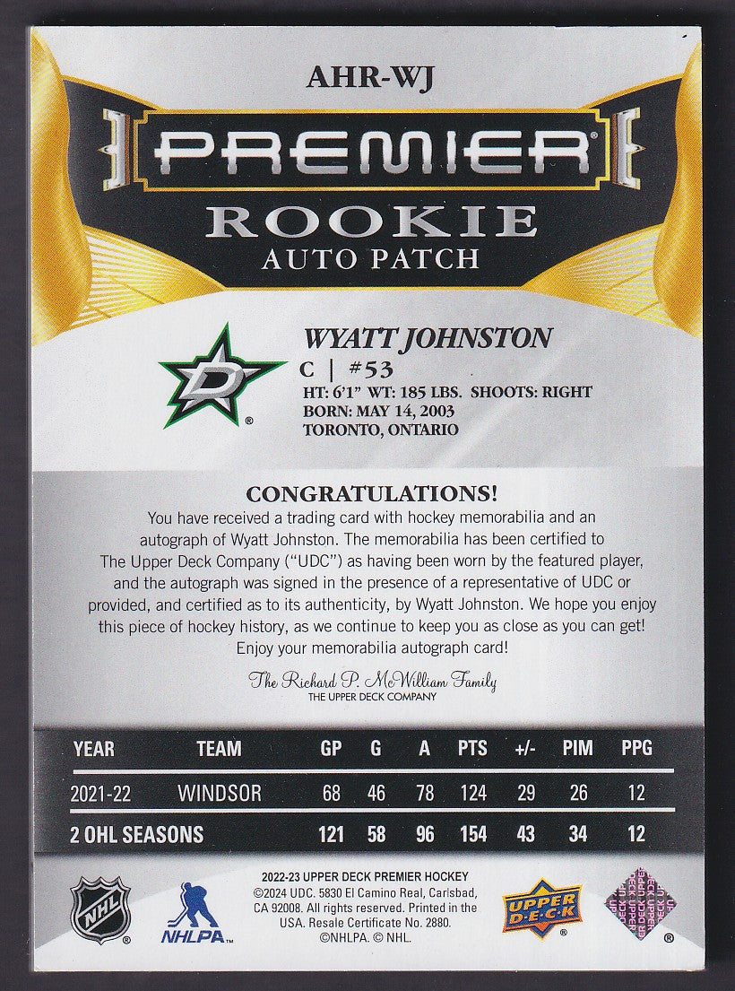 WYATT JOHNSTON - 2022 Upper Deck Premier Rookie Auto Patch #AHR-WJ, /99