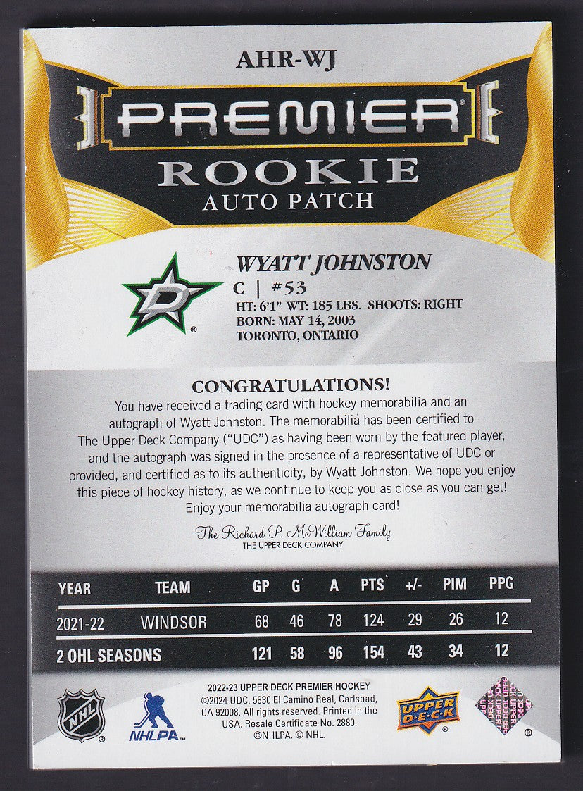 WYATT JOHNSTON - 2022 Upper Deck Premier Rookie Auto Patch #AHR-WJ, /99