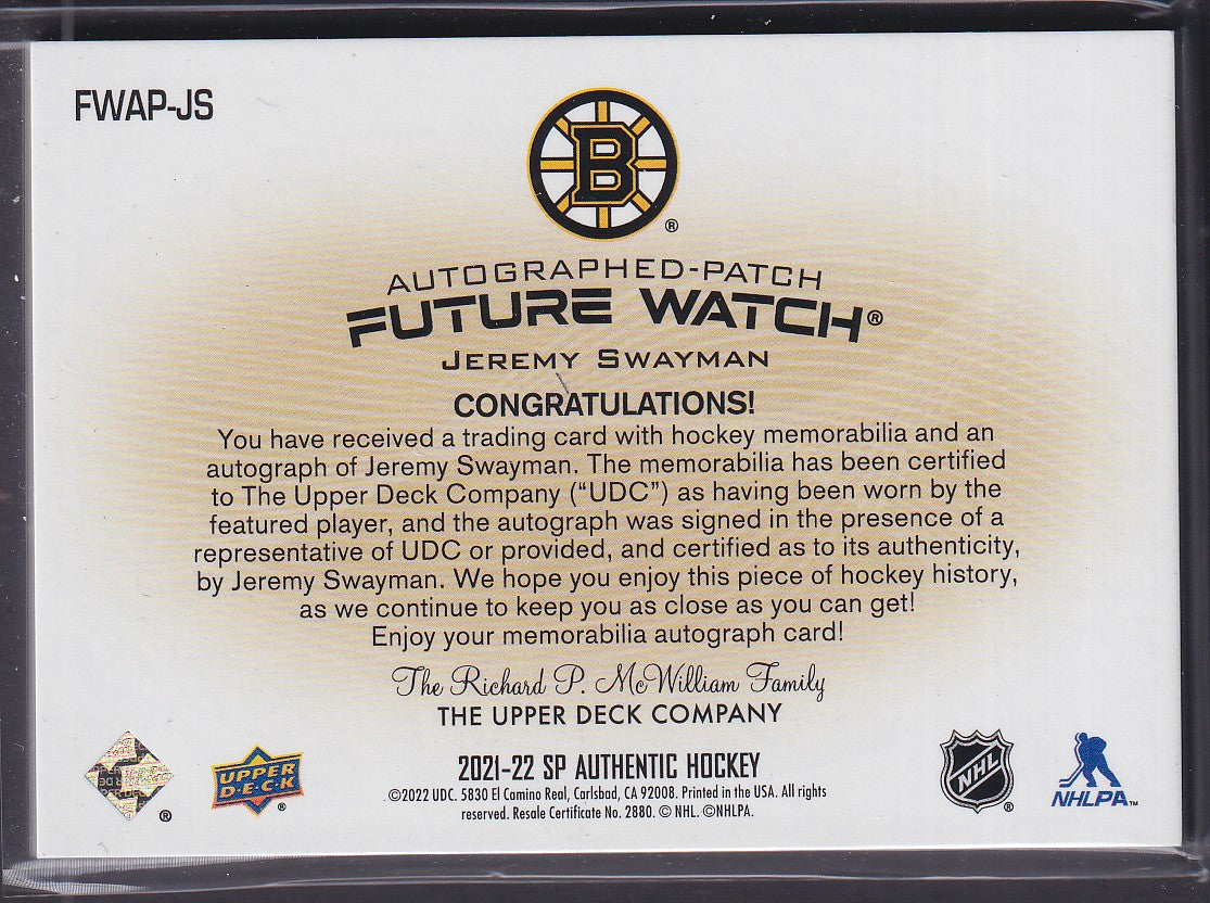 JEREMY SWAYMAN - 2021 SP Authentic Future Watch Auto Patch #FWAP-JS, /100