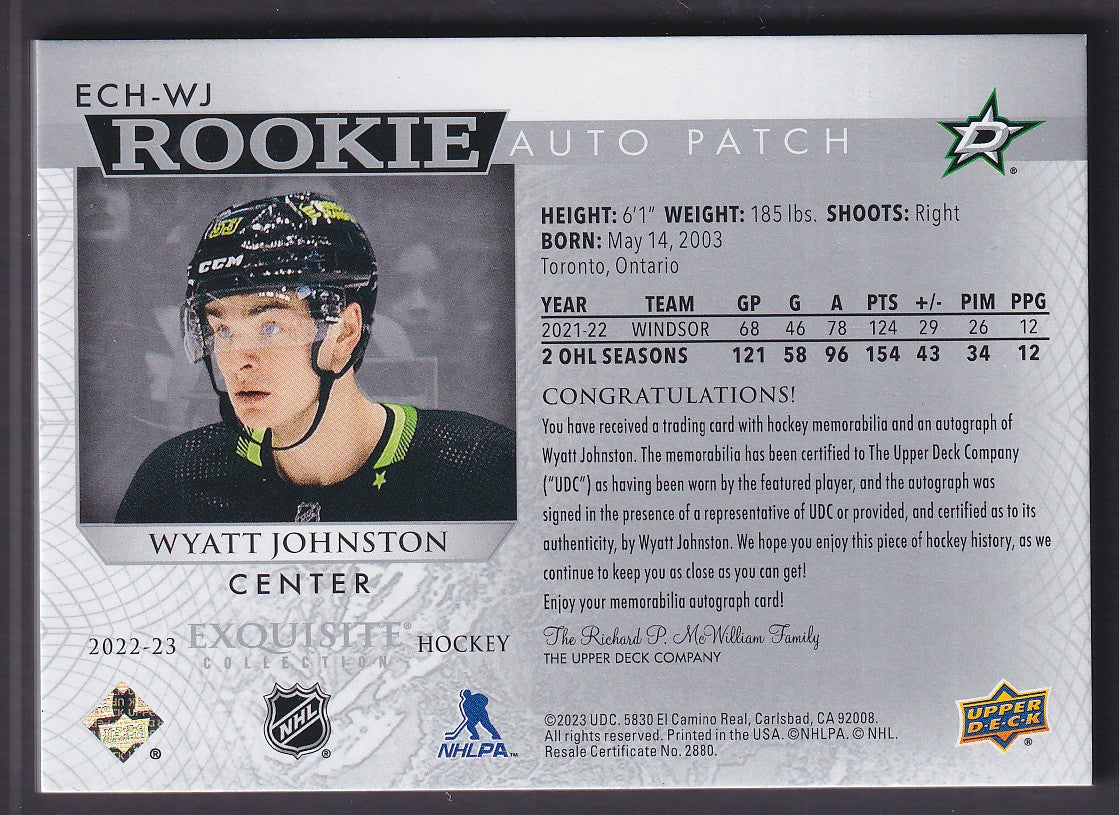 WYATT JOHNSTON - 2022 UD Exquisite Rookie Auto Patch #ECH-WJ, /25