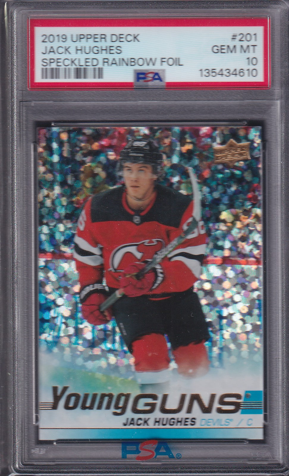 JACK HUGHES - 2019 Upper Deck Young Guns SPECKLED RAINBOW #201, PSA 10, Low Pop