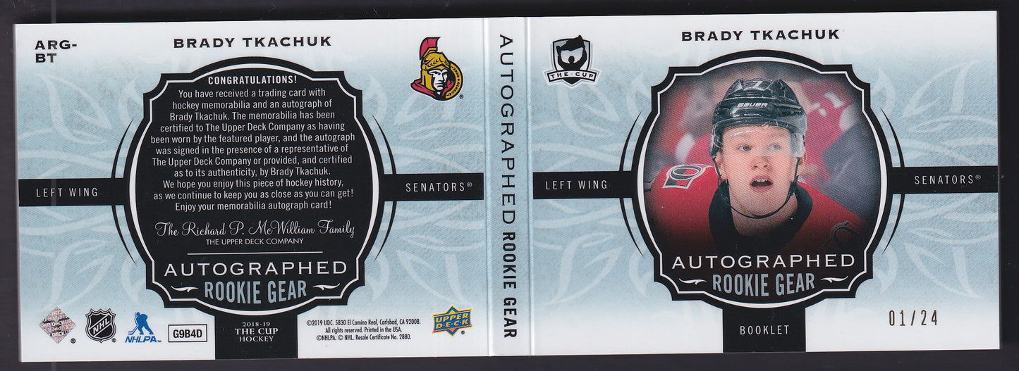 BRADY TKACHUK - 2018 The Cup Autographed Rookie Gear Booklet #ARG-BT, /24