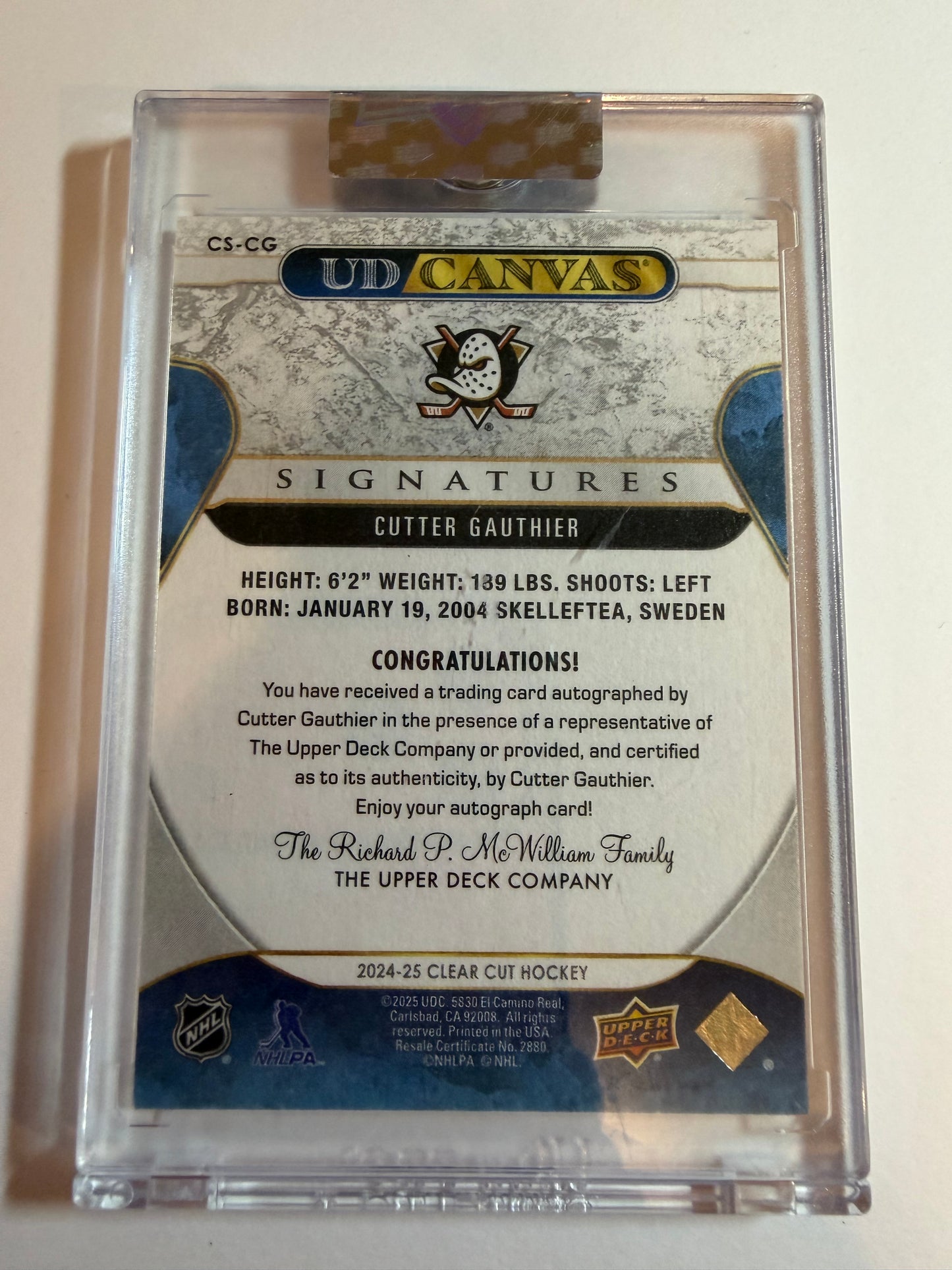 CUTTER GAUTHIER - 2024 UD Clear Cut Canvas Signatures Rookie Auto #CS-CG, /61