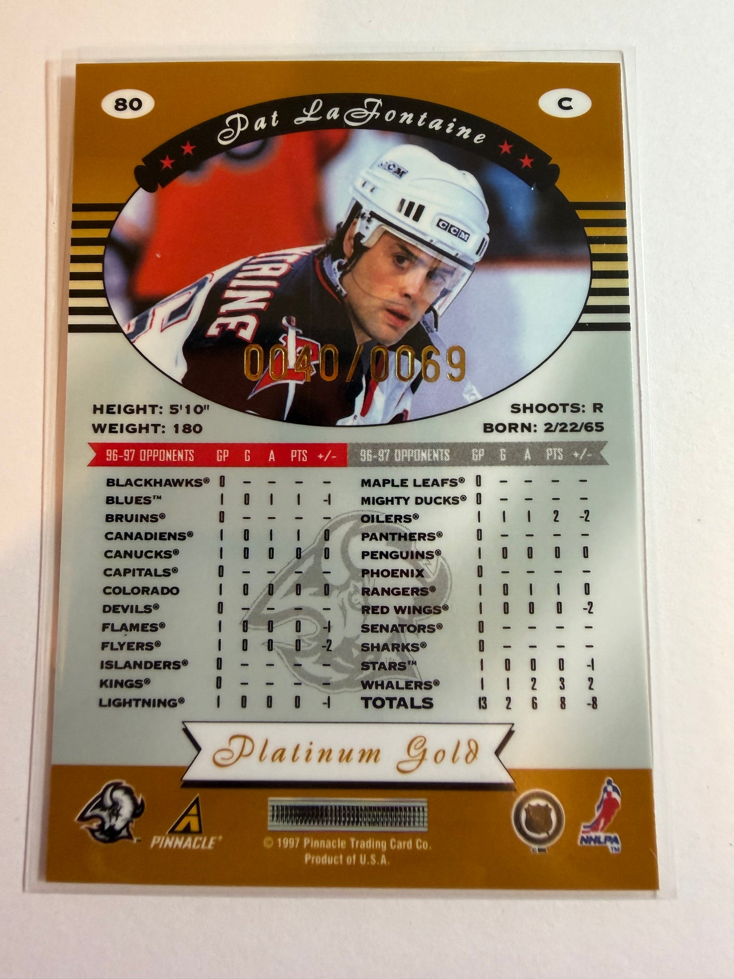 PAT LAFONTAINE - 1997 Pinnacle Totally Certified PLATINUM GOLD #80, /69