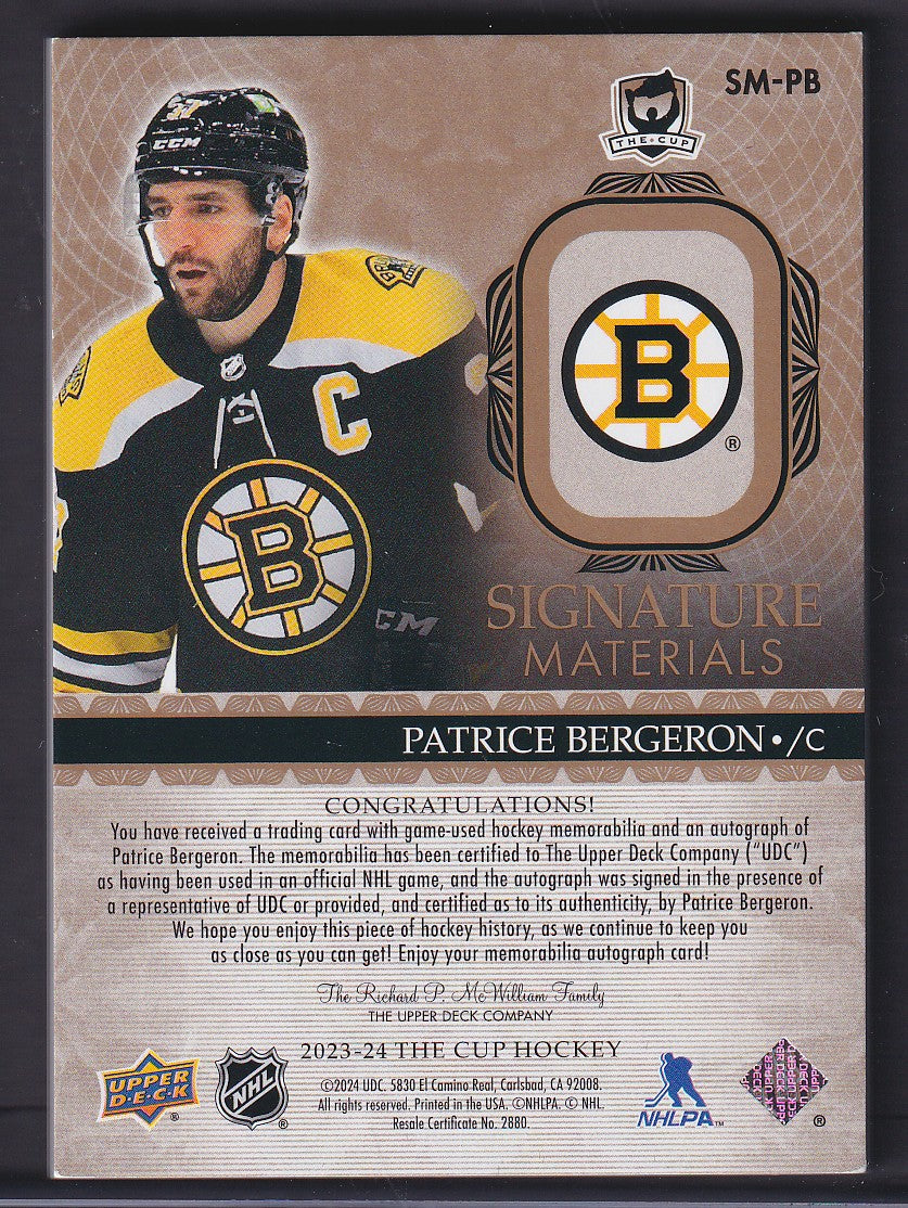 PATRICE BERGERON - 2023 The Cup Signature Materials Auto Patch #SM-PB, /10