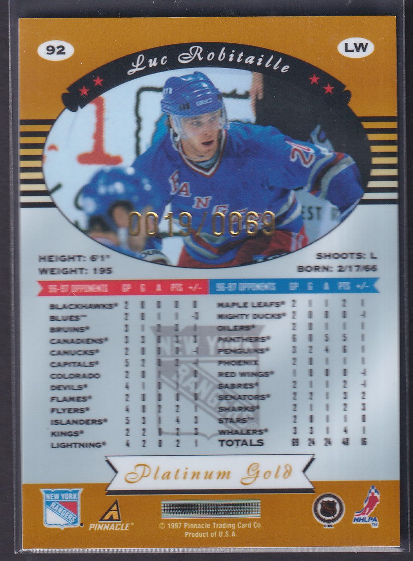 LUC ROBITAILLE - 1997 Pinnacle Totally Certified PLATINUM GOLD #92, /69