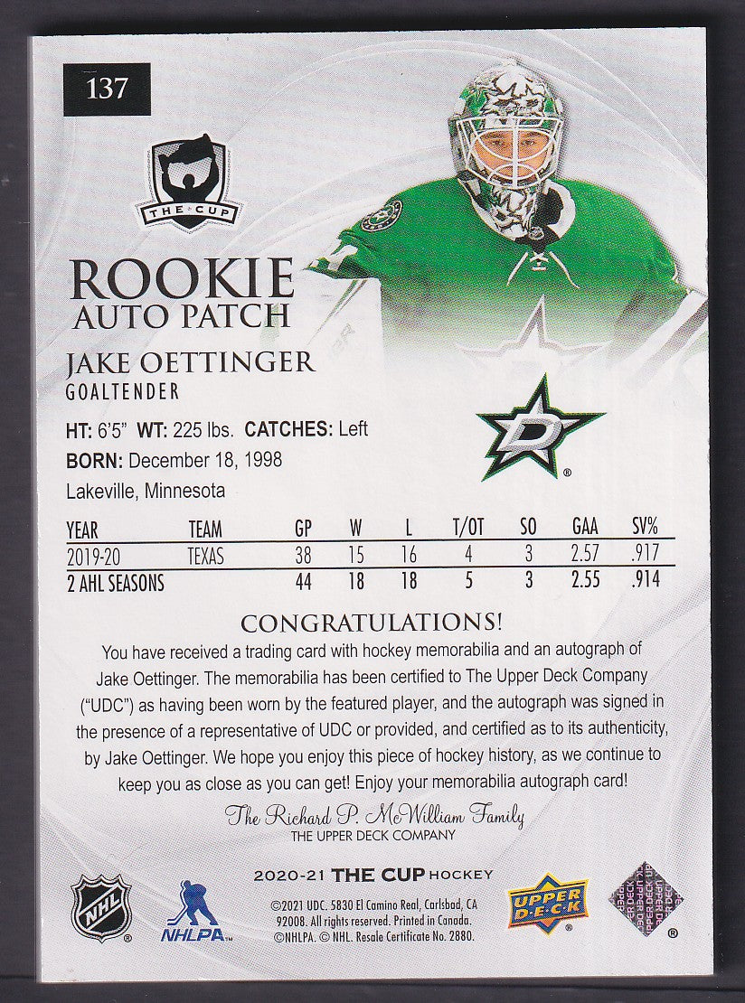 JAKE OETTINGER - 2020 The Cup Rookie Auto Patch #137, /249