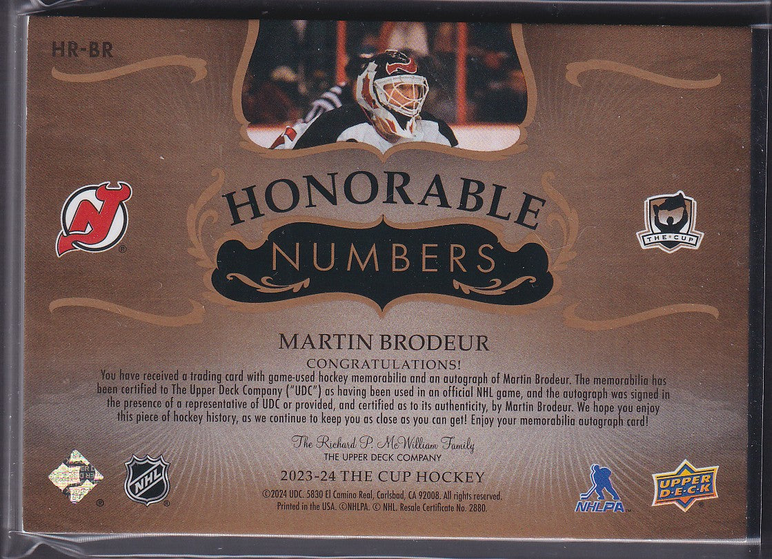 MARTIN BRODEUR - 2023 The Cup Honorable Numbers Auto Patch #HR-BR, /30