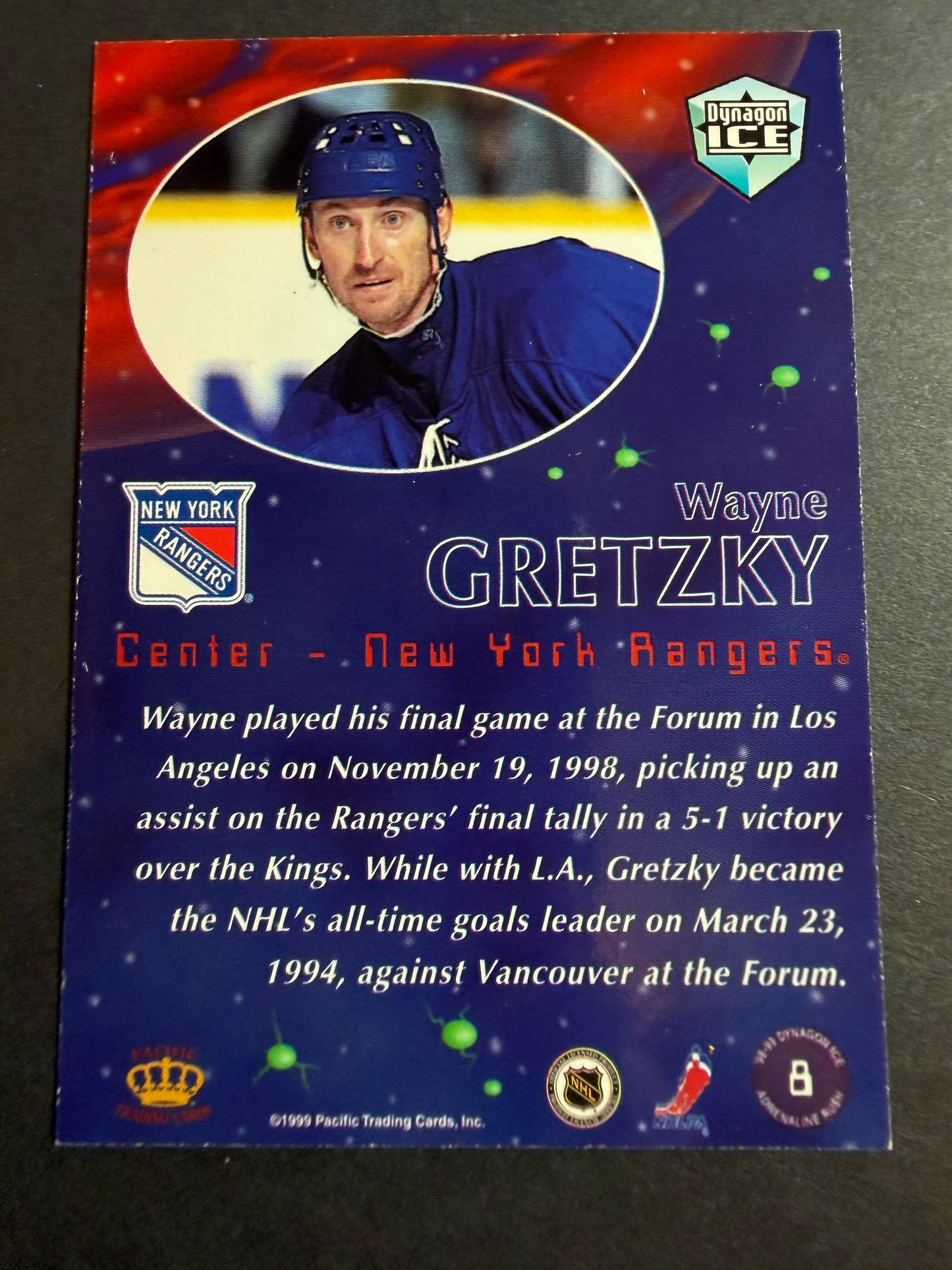 WAYNE GRETZKY - 1998 Pacific Dynagon Ice Adrenaline Rush RED #8, Print Run 79