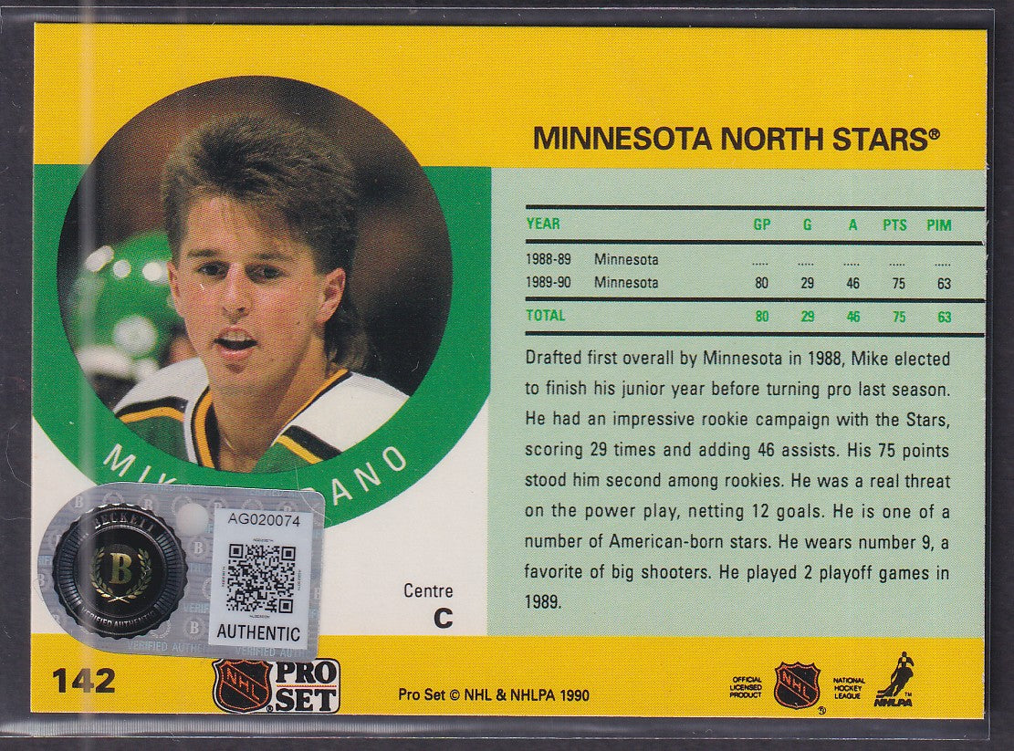 MIKE MODANO - 1990 NHL Pro Set #142, w/ IN PERSON AUTO, Beckett Authentic
