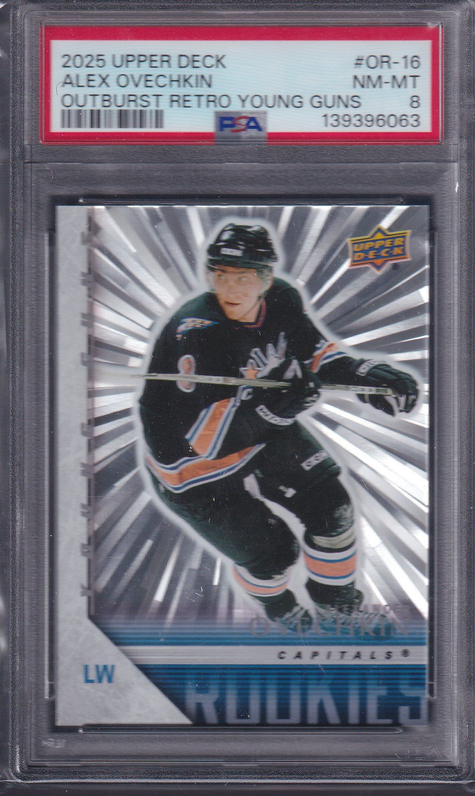 ALEX OVECHKIN - 2025 Upper Deck Young Guns Retro Silver Outburst #OR-16, PSA 8
