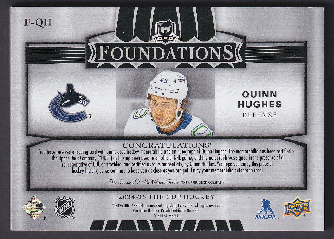 QUINN HUGHES - 2024 The Cup Foundations Auto Quad Patch #F-QH, /5