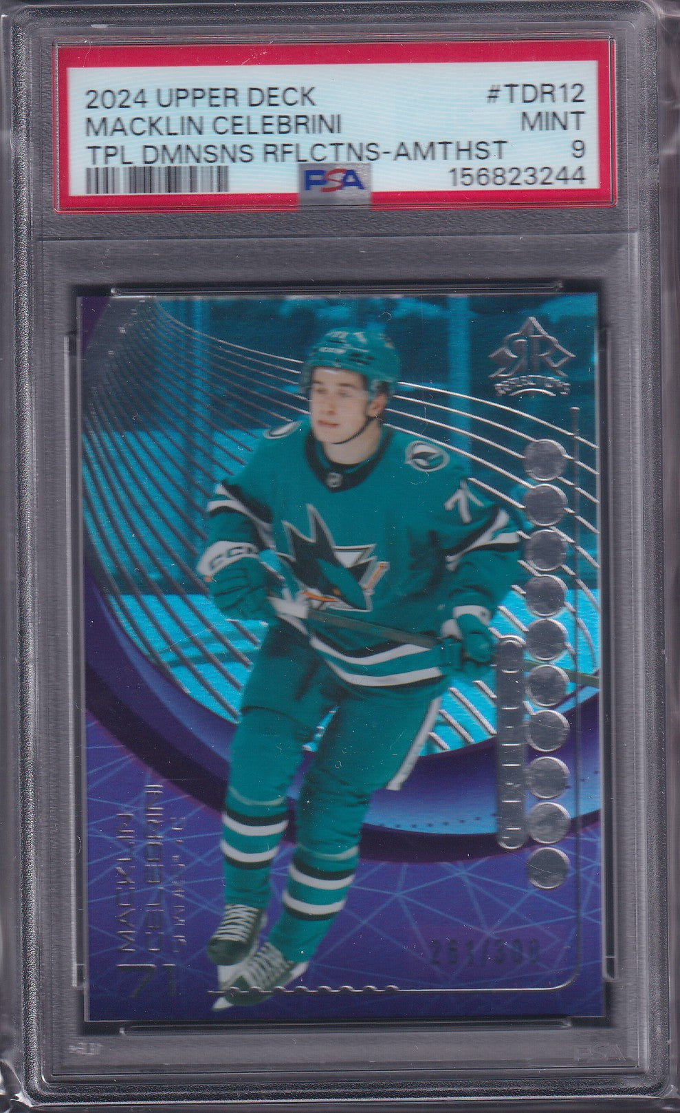 MACKLIN CELEBRINI - 2024 Upper Deck Dimensions AMETHYST #TDR-12, /300, PSA 9