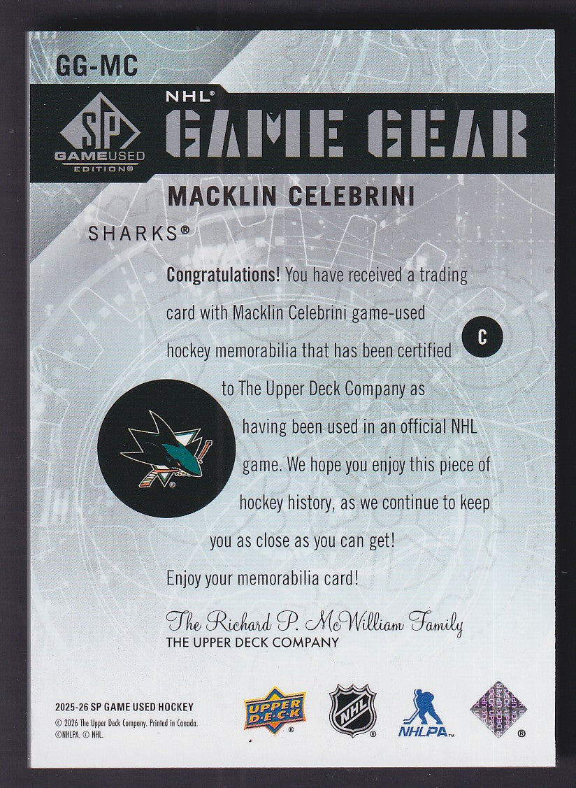 MACKLIN CELEBRINI - 2025 SP Game Used Game Gear Dual Patch #GG-MC, /100