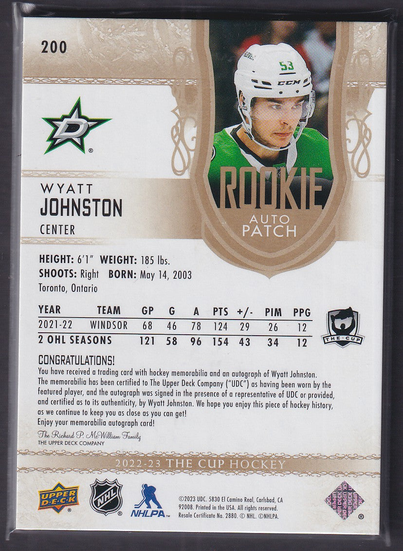 WYATT JOHNSTON - 2022 The Cup Rookie Auto Patch #200, /12