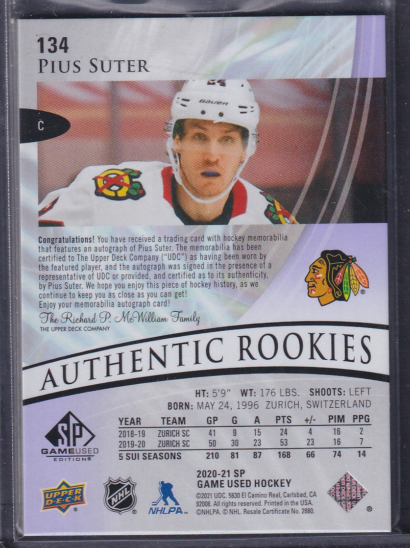 PIUS SUTER - 2020 SP Game Used Authentic Rookies Auto Patch #134, /65