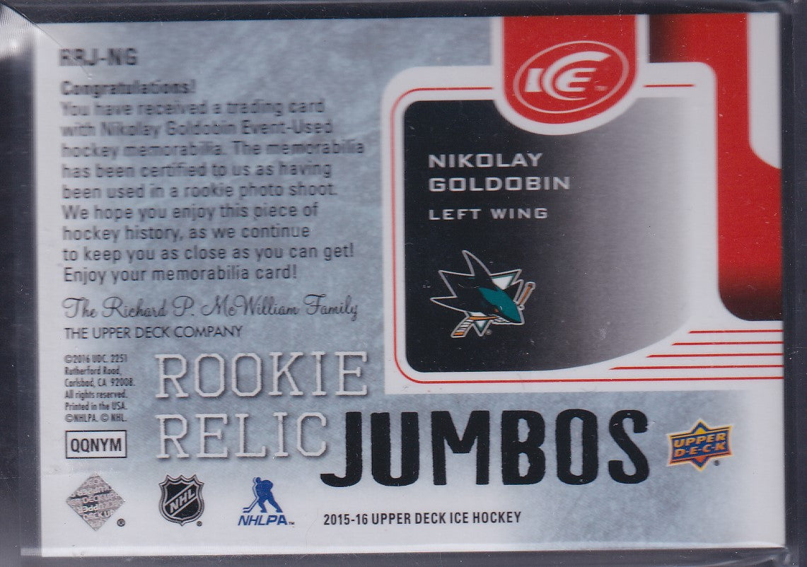 NIKOLAY GOLDOBIN - 2015 Upper Deck Ice Rookie Relic Jumbos #RRJ-NG, /15