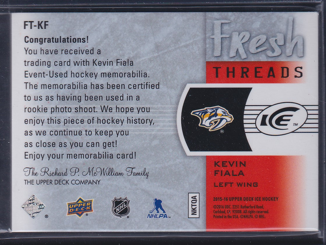 KEVIN FIALA - 2015 Upper Deck Ice Fresh Threads Jersey Patch #FT-KF, /49