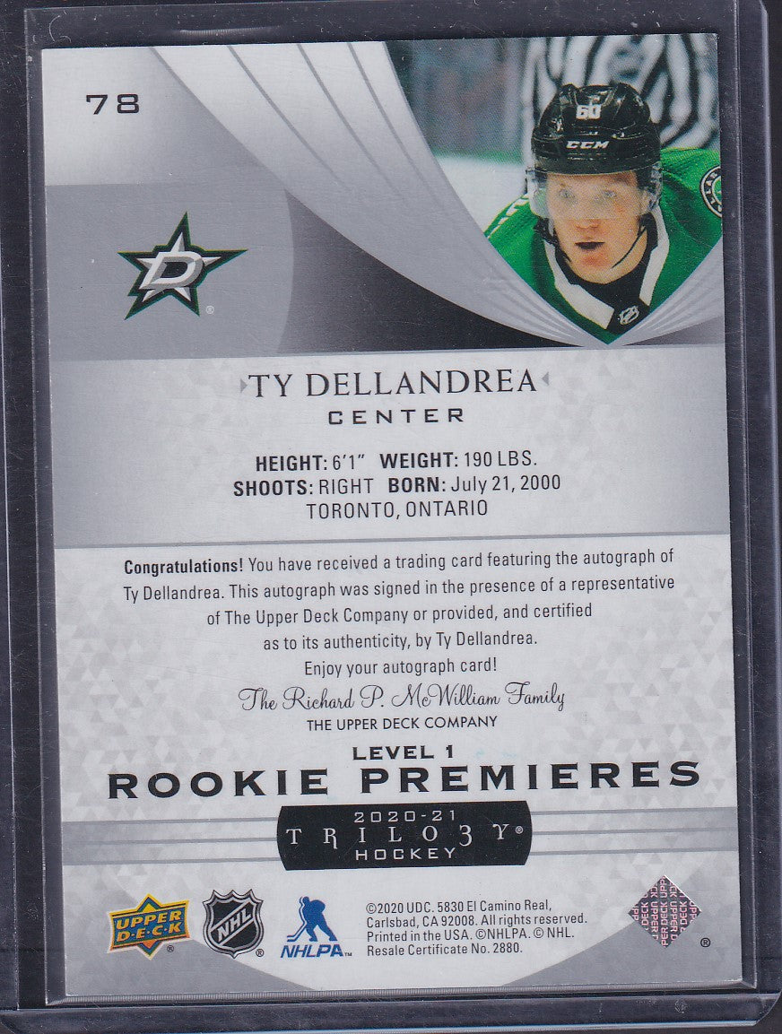 TY DELLANDREA - 2020 Upper Deck Trilogy Rookie Premieres Auto #78, /249