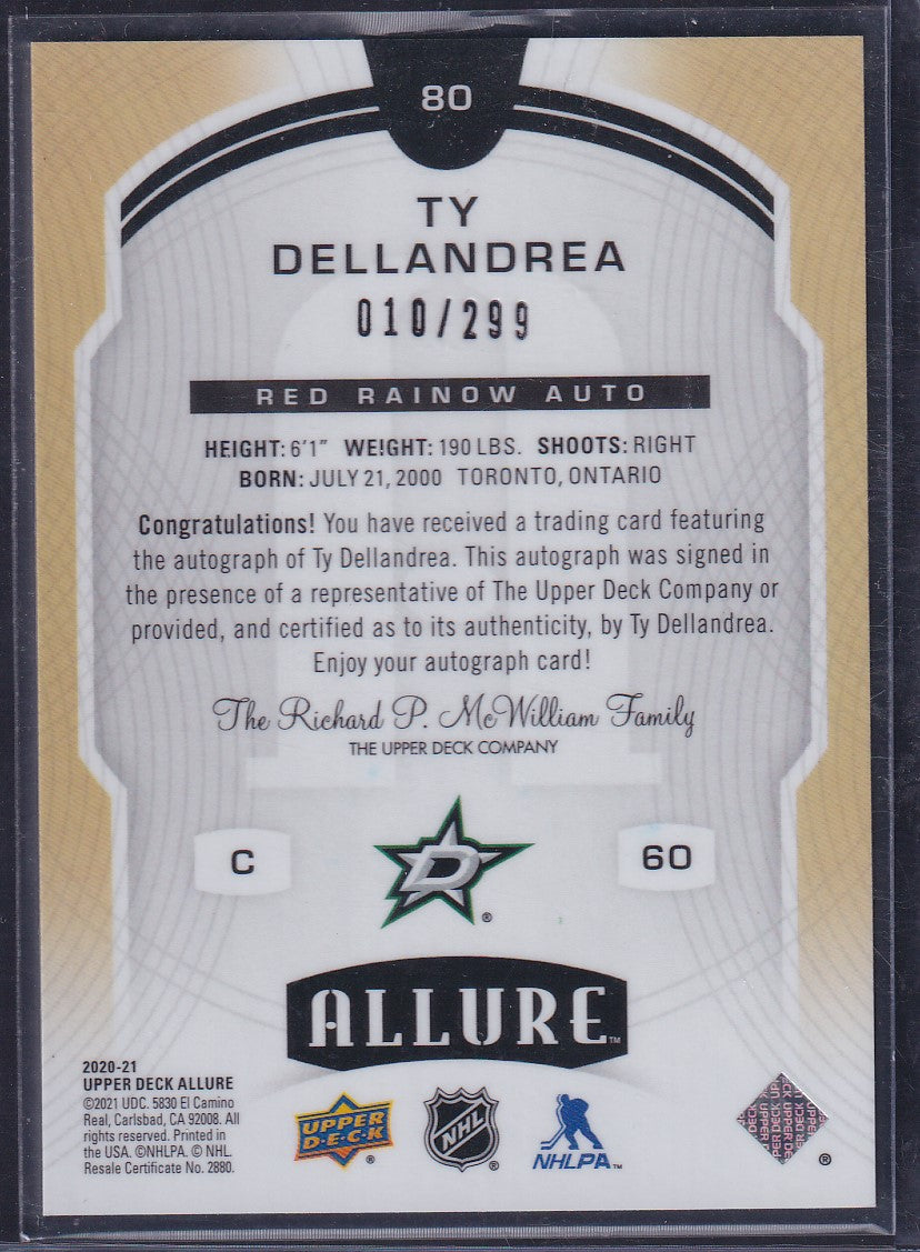 TY DELLANDREA - 2020 Upper Deck Allure Rookie RED RAINBOW AUTO #80, /299