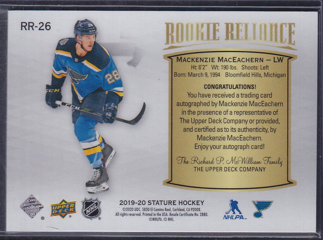 MACKENZIE MACEACHERN - 2019 Upper Deck Stature Rookie Reliance Auto #RR-26, /49