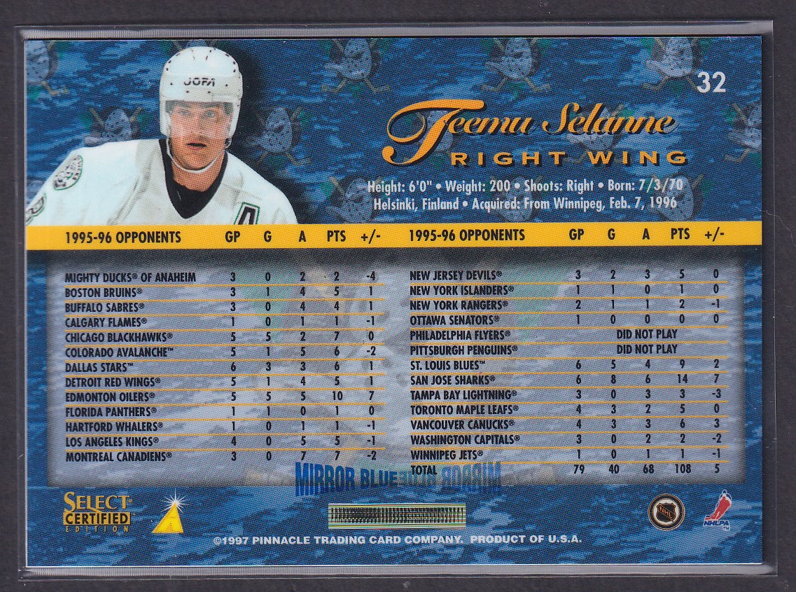 TEEMU SELANNE - 1996 Pinnacle Select Certified MIRROR Blue w/ Coating #32