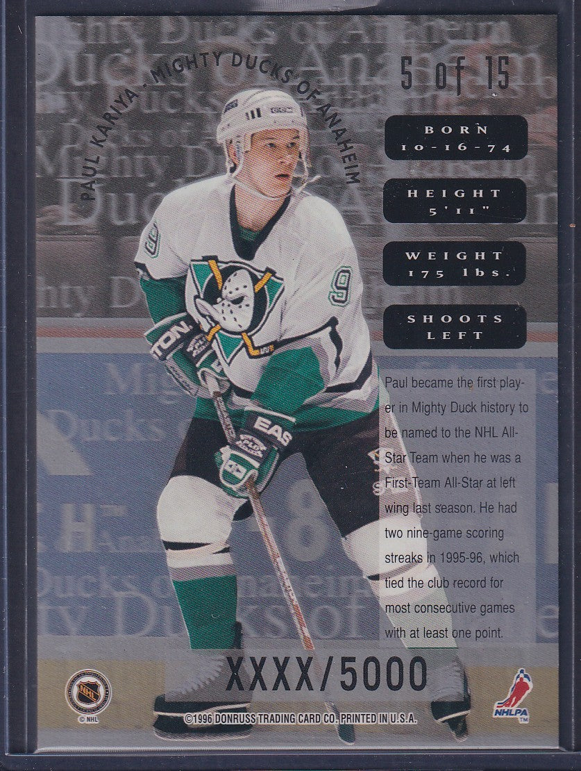 PAUL KARIYA - 1996 Donruss Leaf Sweaters #5, xxxx/5000