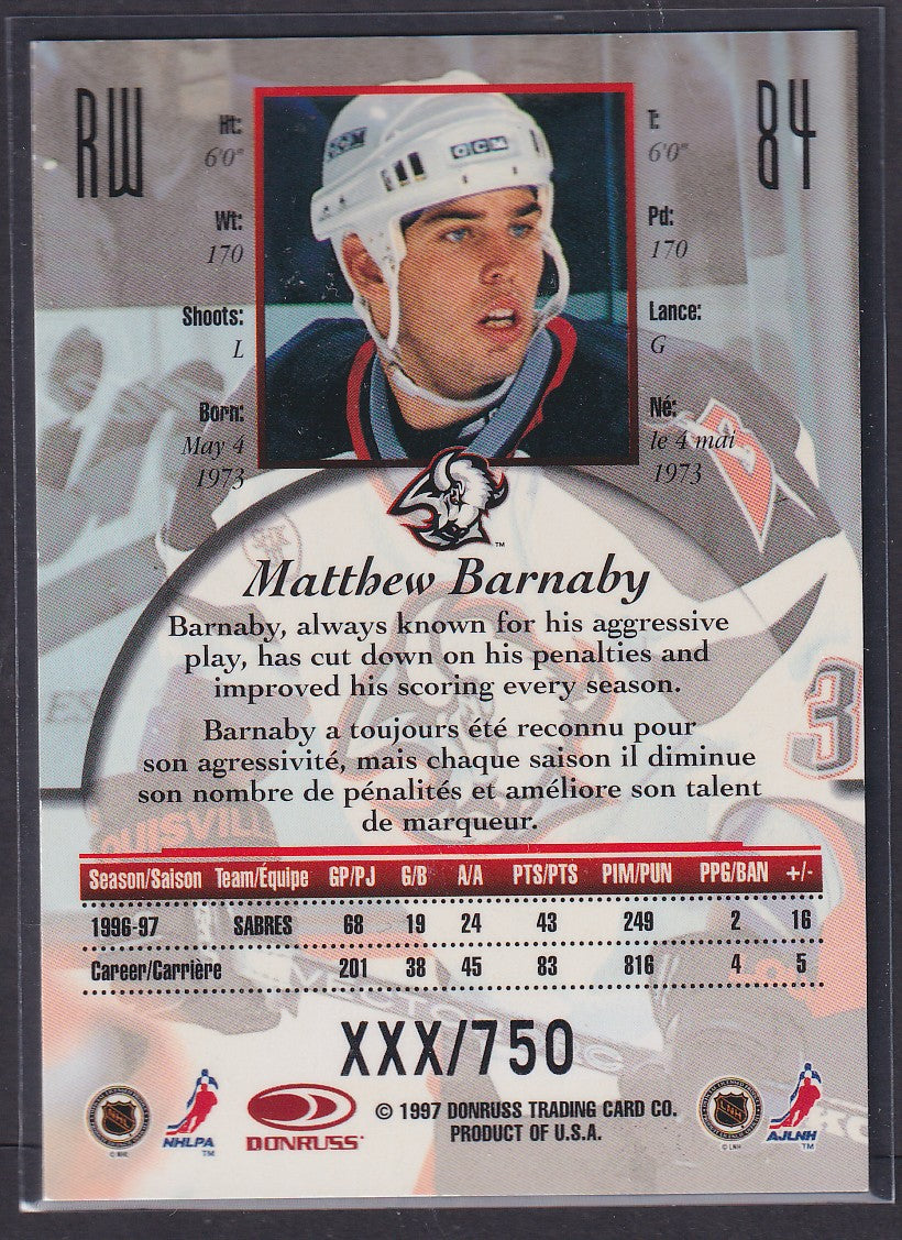 MATTHEW BARNABY - 1997 Donruss Canadian Ice Provincial Series #84, xxxx/750