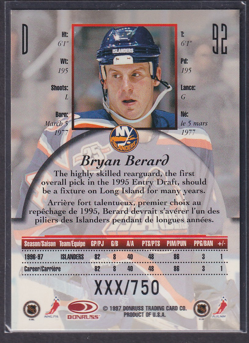 BRYAN BERARD - 1997 Donruss Canadian Ice Provincial Series #92, xxx/750