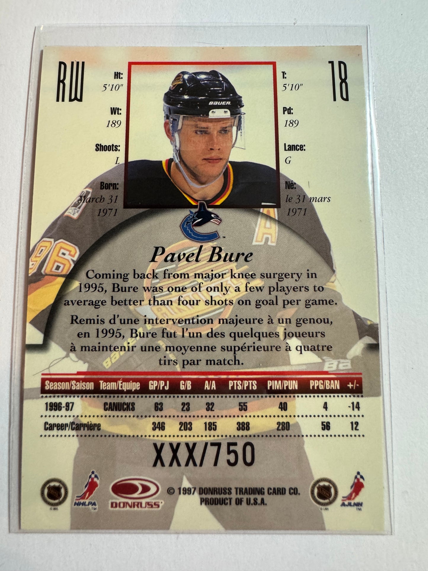 PAVEL BURE - 1997 Donruss Canadian Ice Provincial Series #18, xxx/750