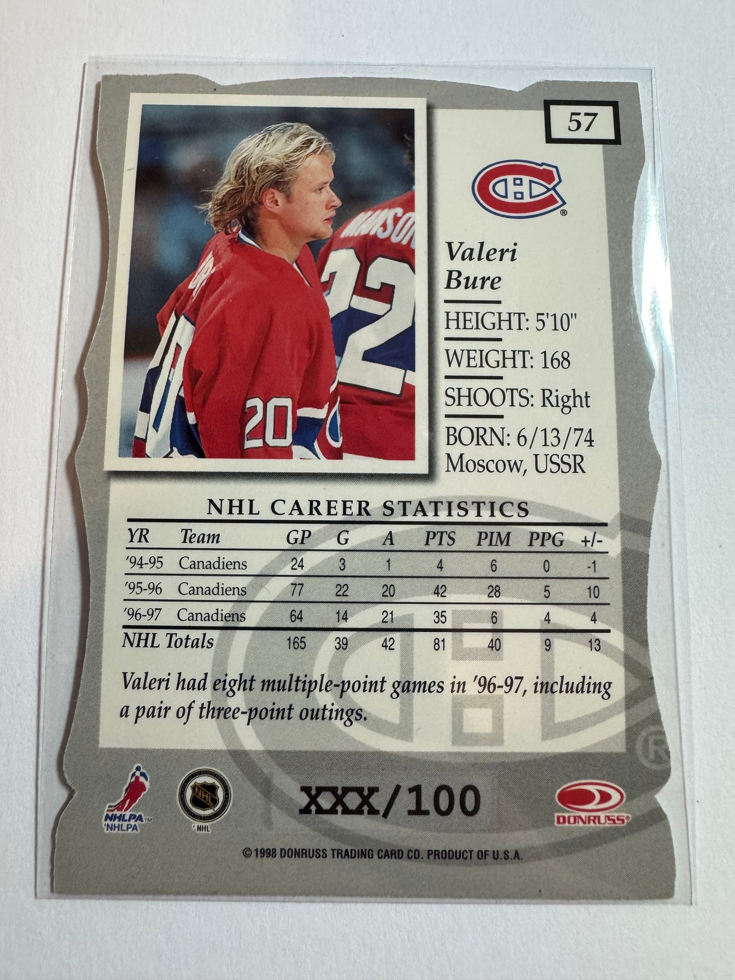 VALERI BURE - 1997 Donruss Elite Status Die Cut #57, xxx/100
