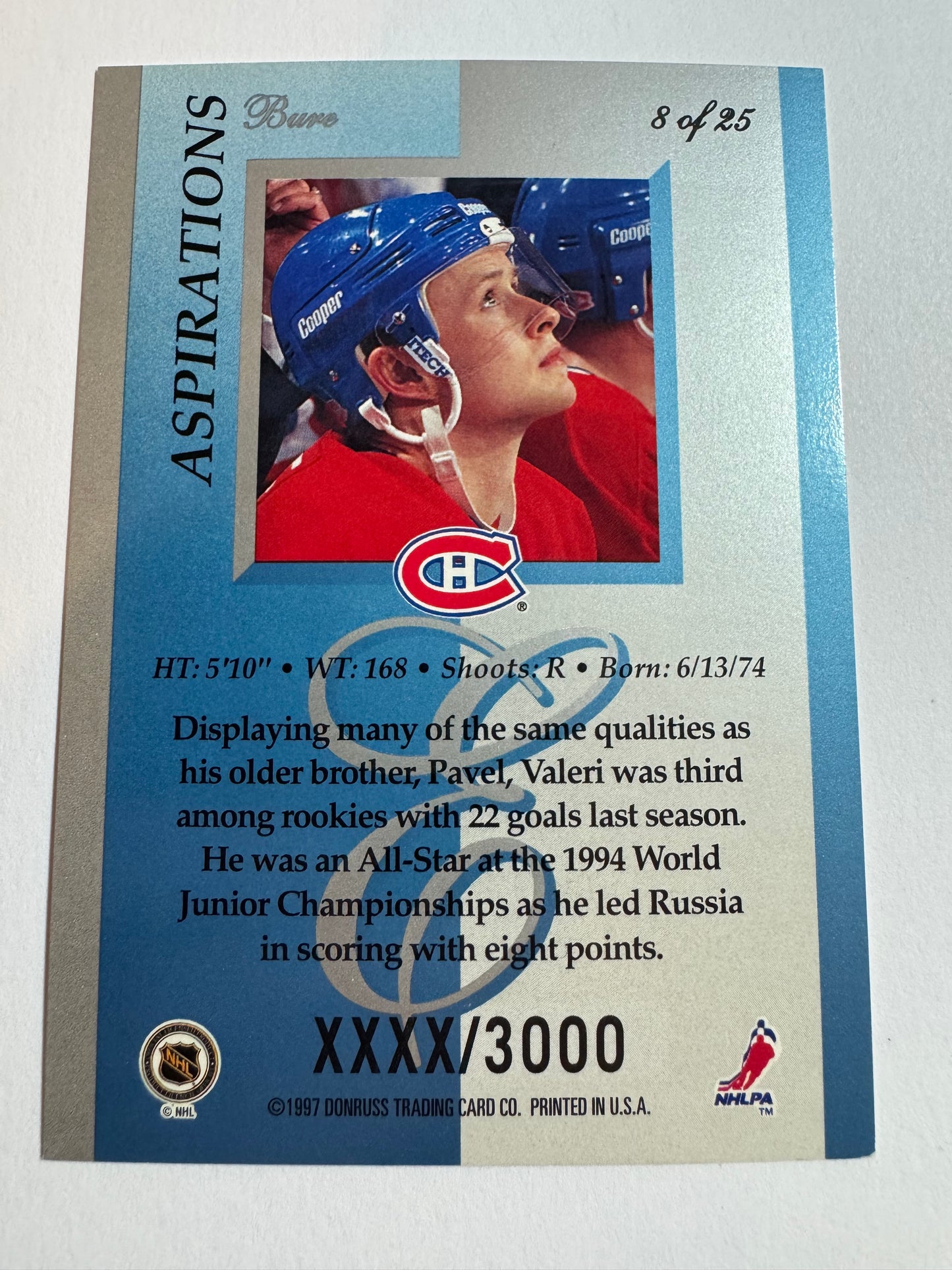 VALERI BURE - 1996 Donruss Elite Aspirations #8, xxxx/3000