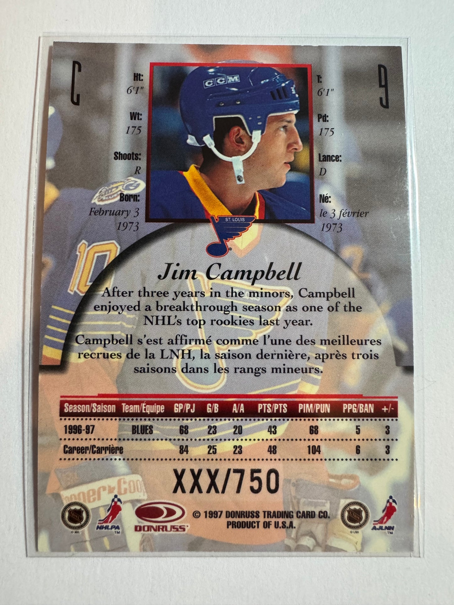 JIM CAMPBELL - 1997 Donruss Canadian Ice Provincial Series #9, xxx/750