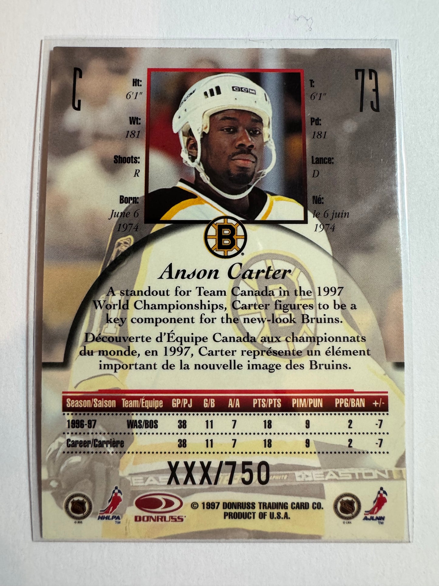 ANSON CARTER - 1997 Donruss Canadian Ice Provincial Series #73, xxx/750