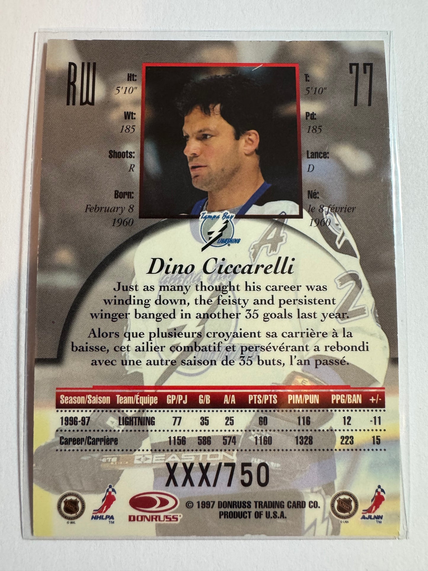 DINO CICCARELLI - 1997 1997 Donruss Canadian Ice Provincial Series #77, xxx/750