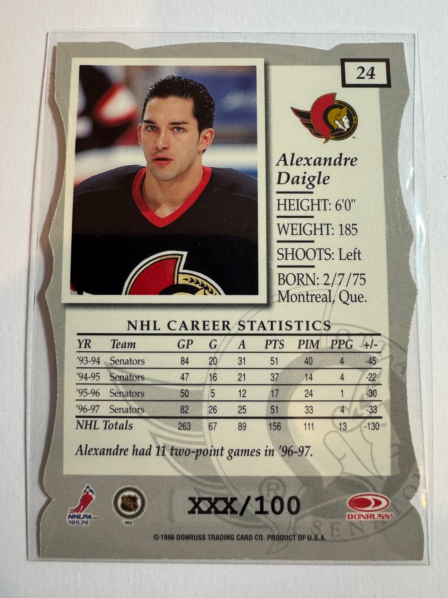 ALEXANDRE DAIGLE - 1997 Donruss Elite Status Die Cut #24, xxx/100