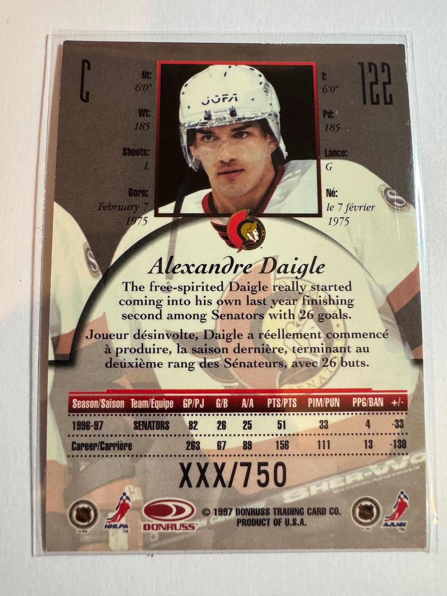 ALEXANDRE DAIGLE - 1997 Donruss Canadian Ice Provincial Series #122, xxx/750