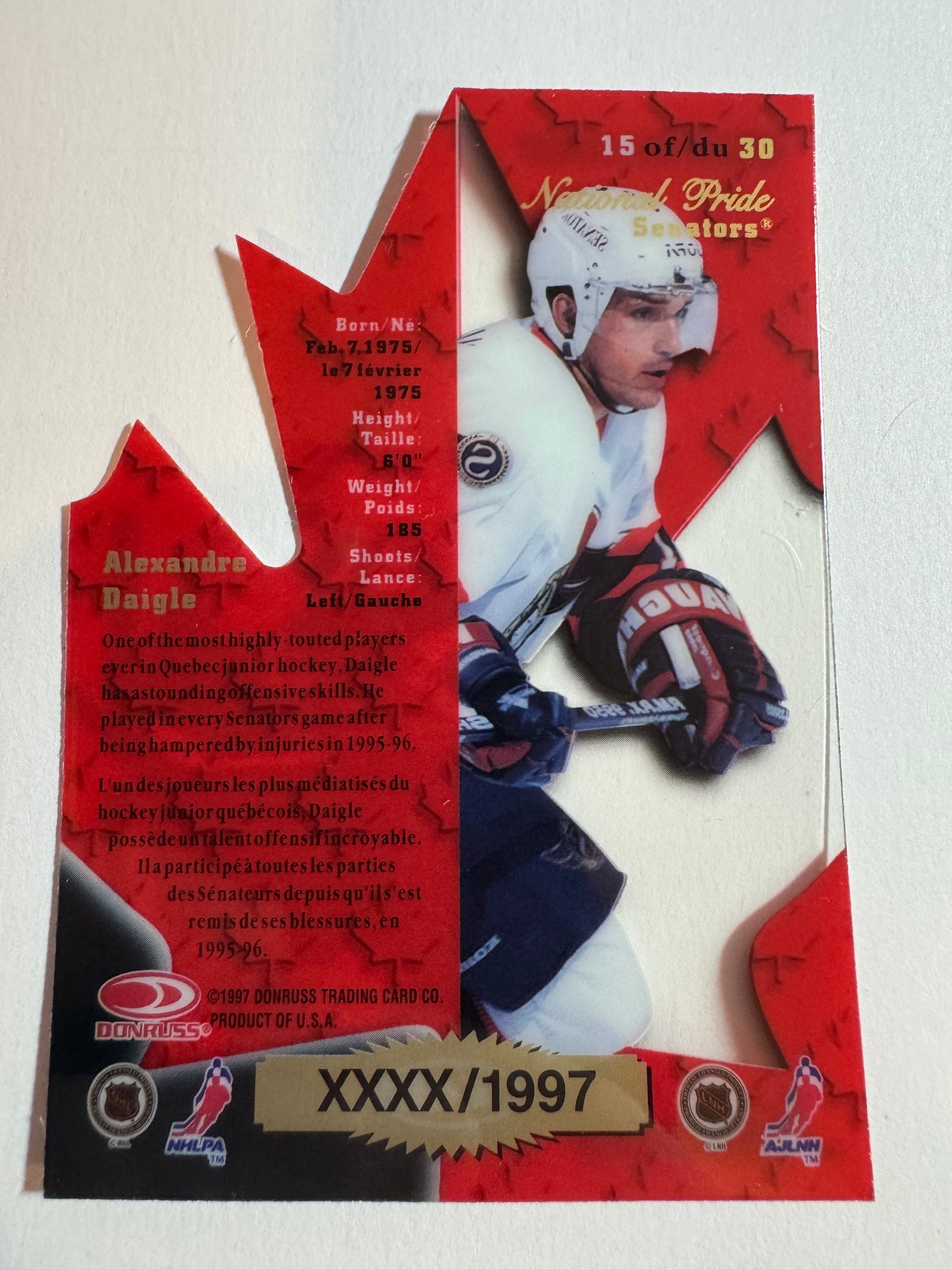 ALEXANDRE DAIGLE - 1997 Donruss Canadian Ice National Pride Clear Die Cut #15, xxxx/1997