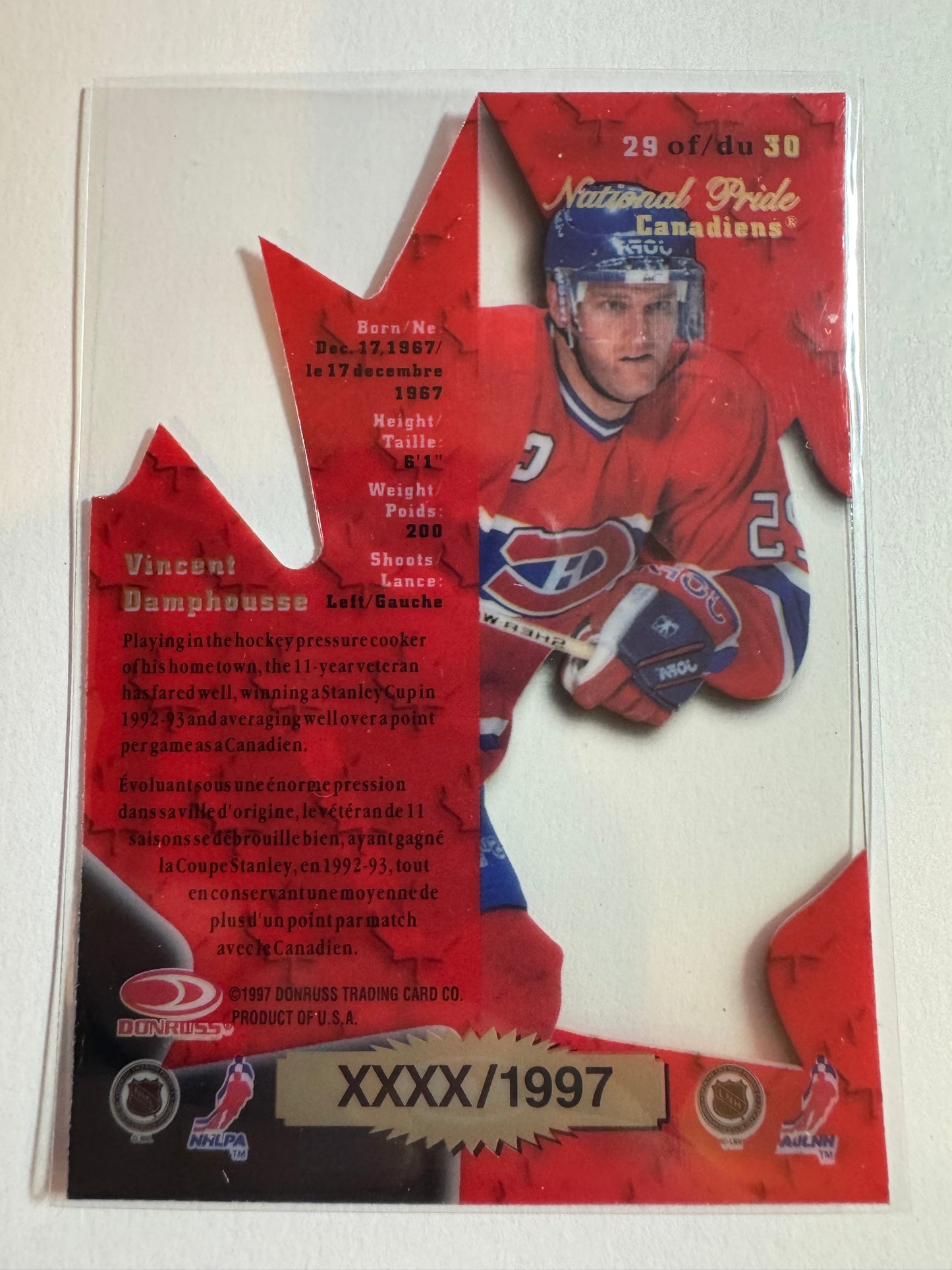 VINCENT DAMPHOUSSE - 1997 Donruss Canadian Ice National Pride Clear Die Cut #29, xxxx/1997