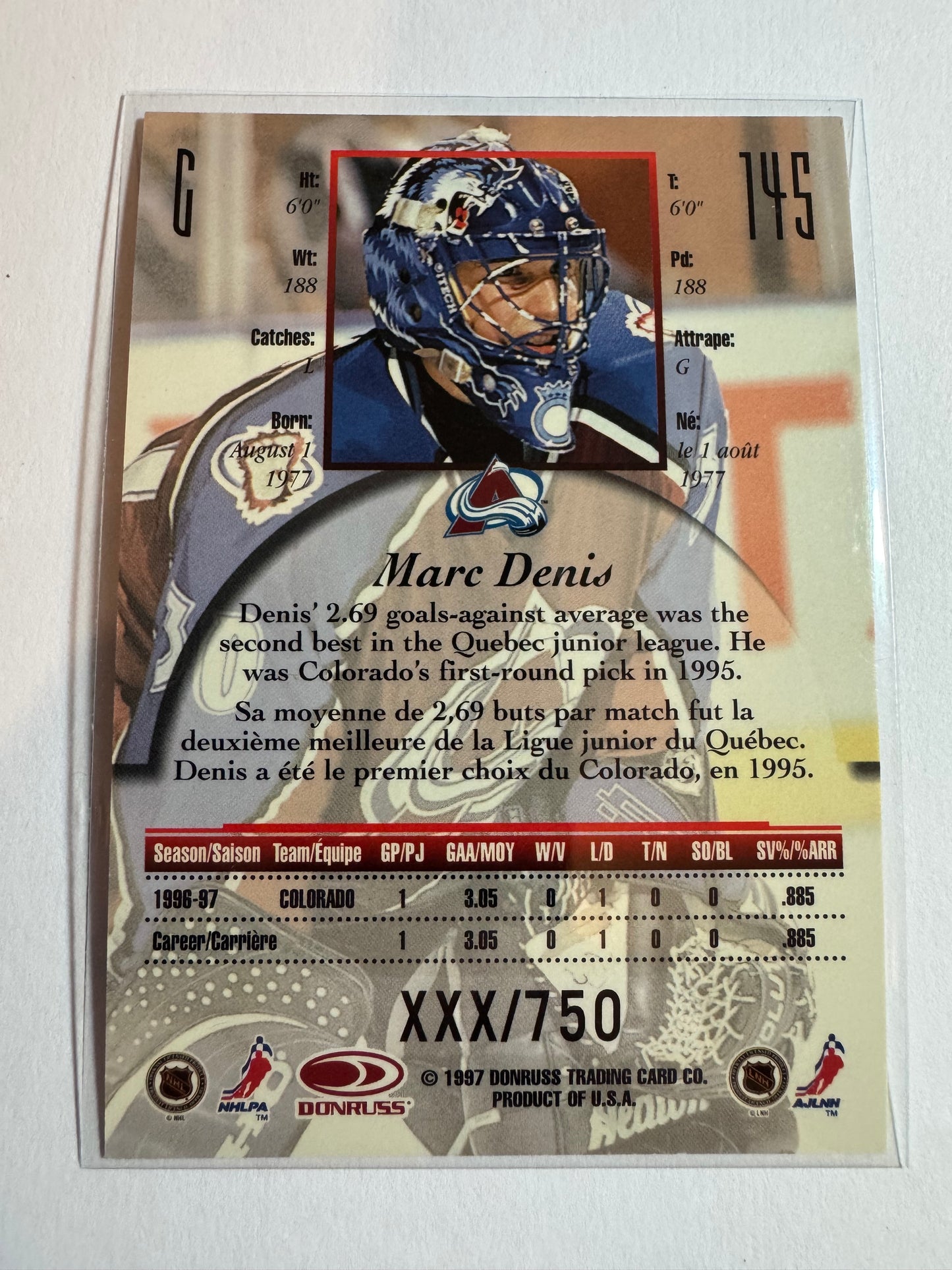 MARC DENIS - 1996 Donruss Canadian Ice Provincial Series #145, xxx/750