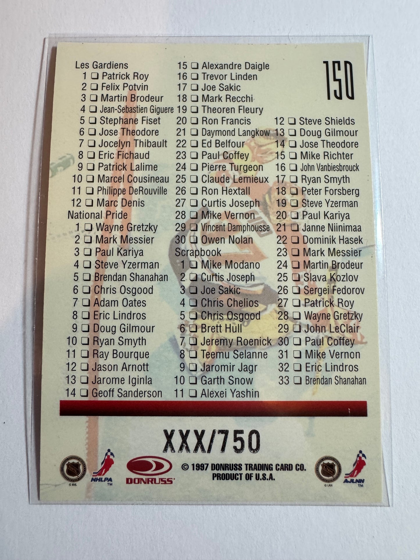 DETROIT RED WINGS - 1996 Donruss Canadian Ice Provincial Series Checklist #150, xxx/750