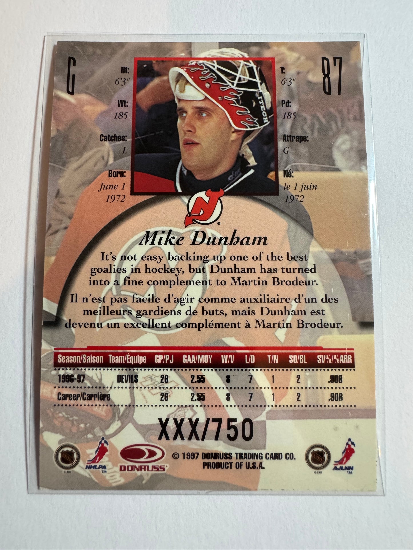 MIKE DUNHAM - 1996 Donruss Canadian Ice Provincial Series #87, xxx/750