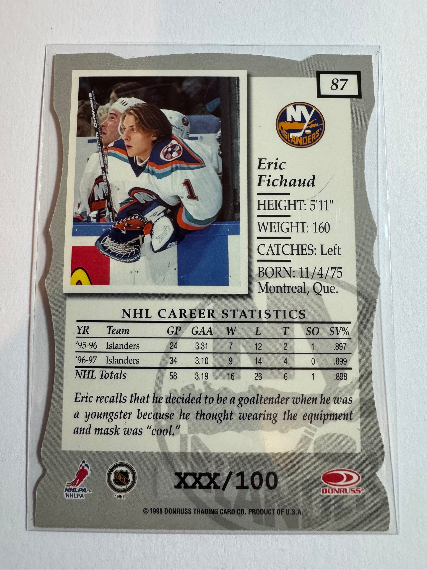 ERIC FICHAUD - 1996 Donruss Elite Status Die Cut #87, xxx/100