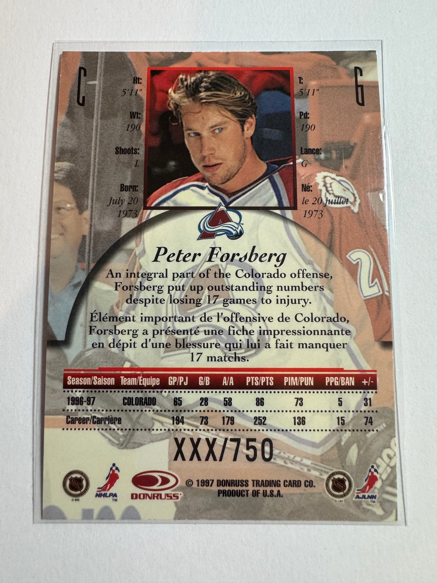 PETER FORSBERG - 1997 Donruss Canadian Ice Provincial Series #6, xxx/750