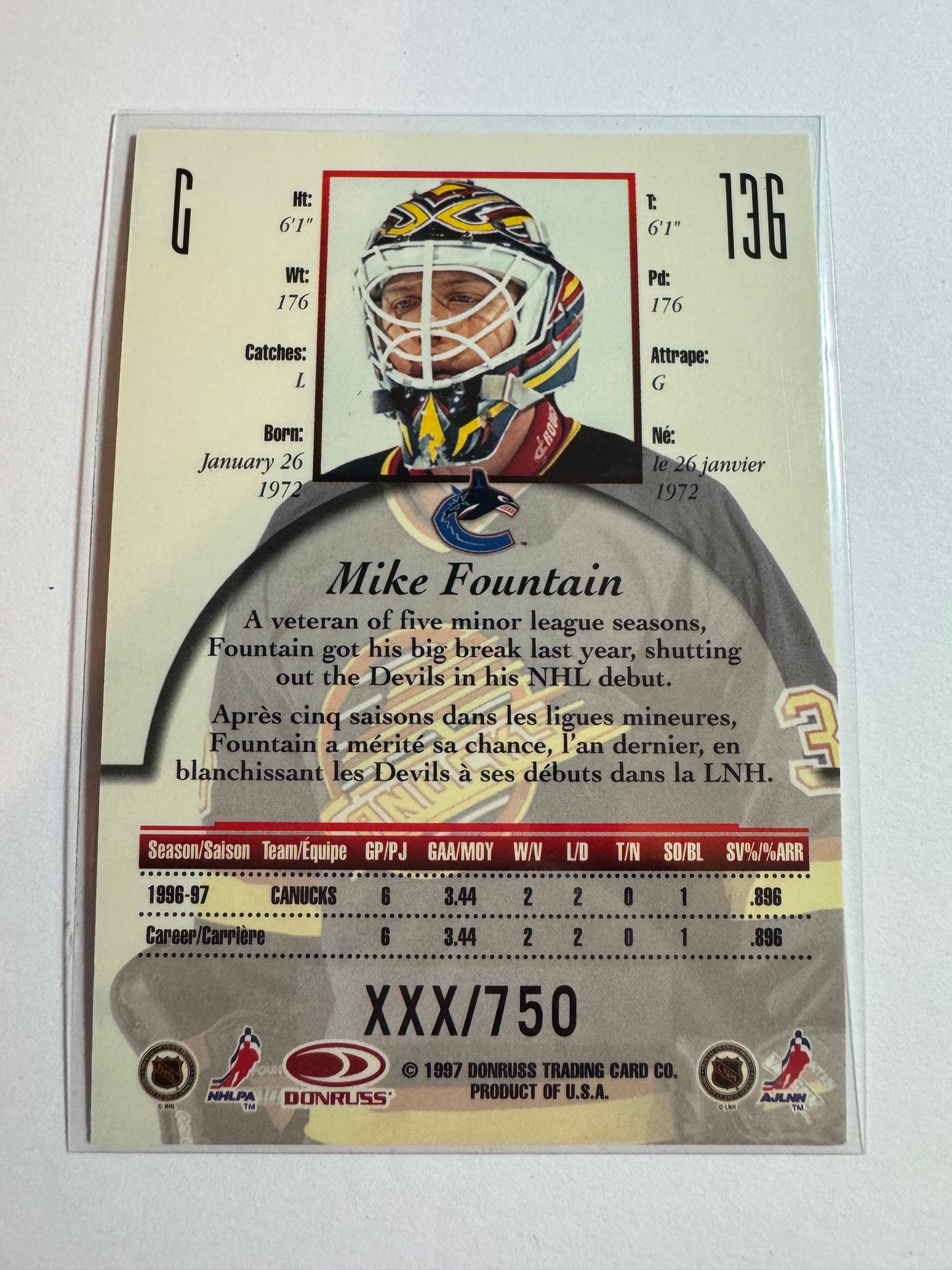 MIKE FOUNTAIN - 1997 Donruss Canadian Ice Provincial Series #136, xxx/750
