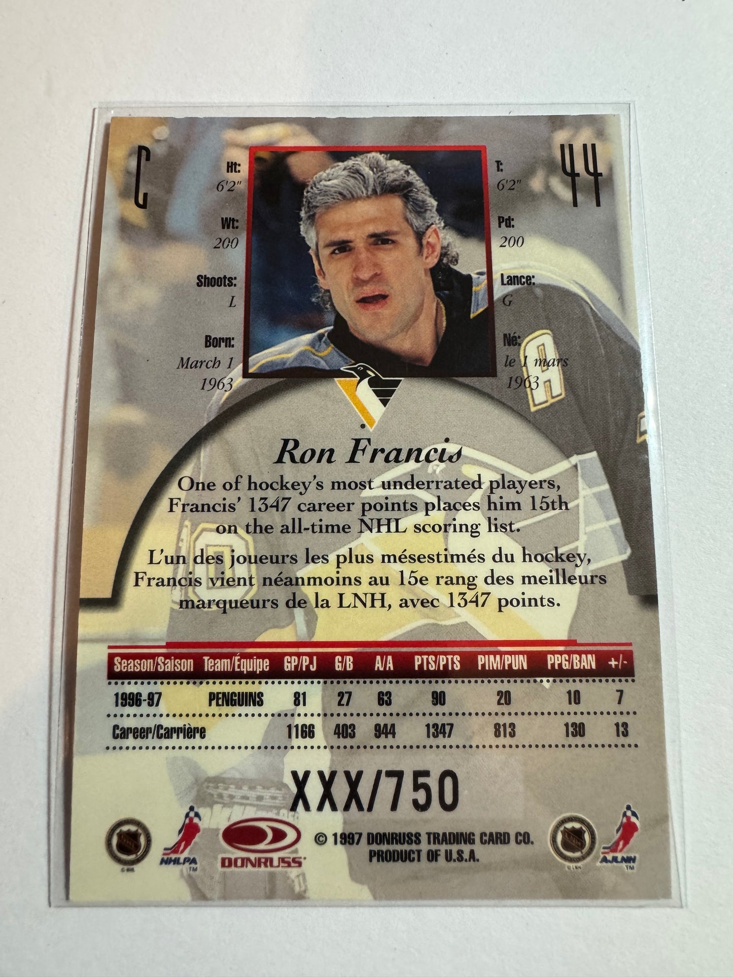 RON FRANCIS - 1997 Donruss Canadian Ice Provincial Series #44, xxx/750