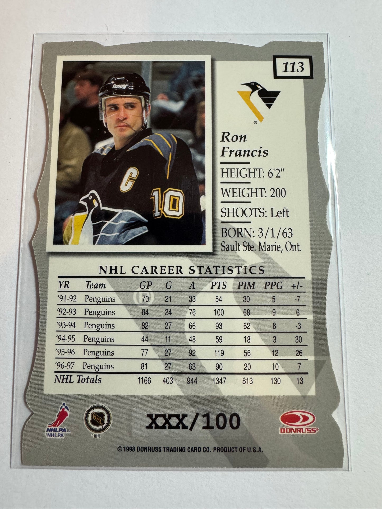 RON FRANCIS - 1997 Donruss Elite Status Die Cut #113, xxx/100