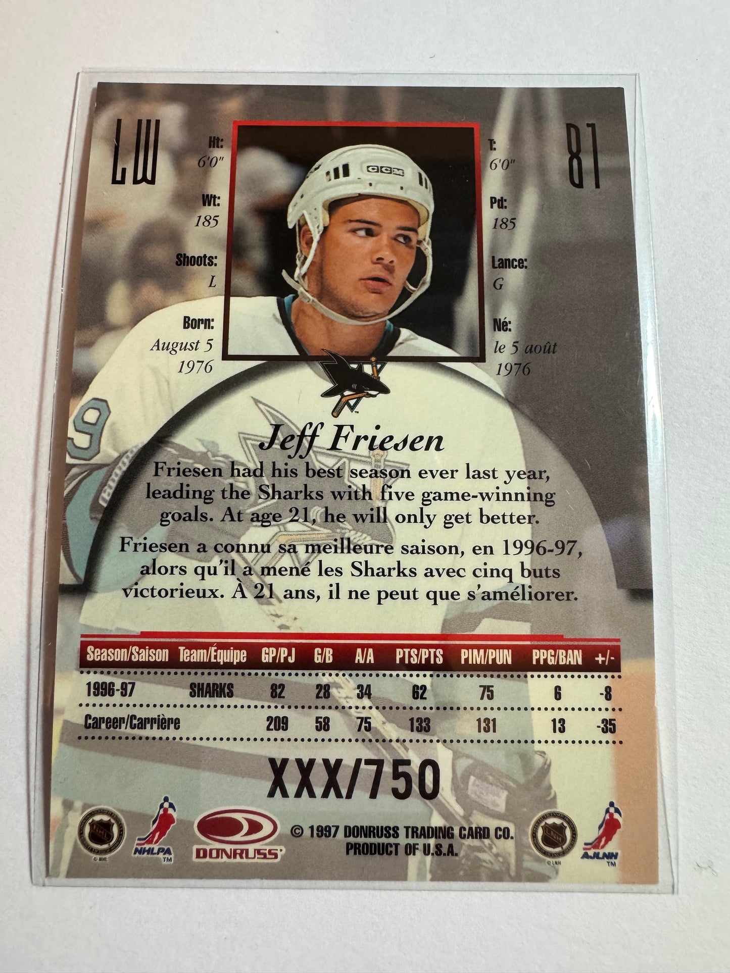 JEFF FRIESEN - 1997 Donruss Canadian Ice Provincial Series #81, xxx/750